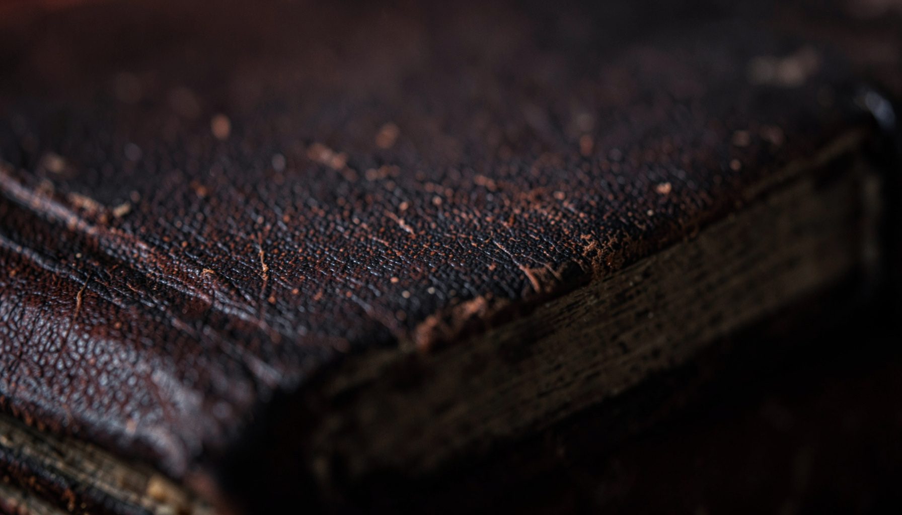 Dark atmospheric close-up of worn leather bookbinding, deep brown and charcoal tones with subtle grain texture